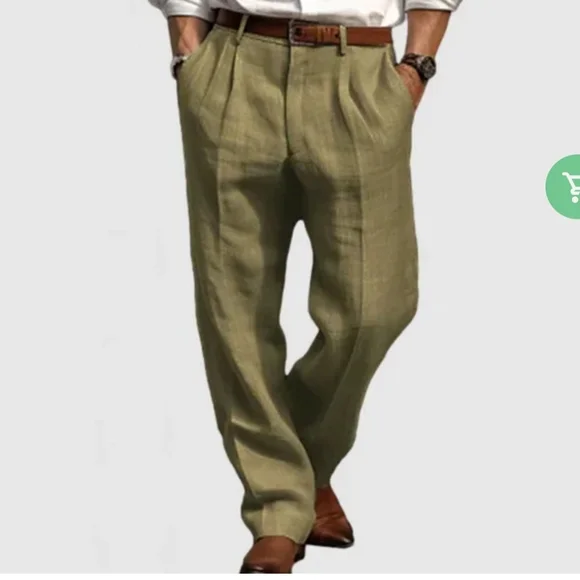 Van Heusen Mens Pants 34x30 Pleated Front Pockets Linen Olive Green - Picture 1 of 6